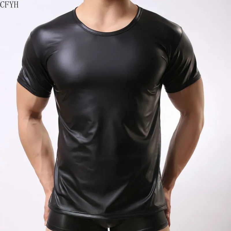 Сексуальная мужская забавная черная футболка из лакированной кожи мужские