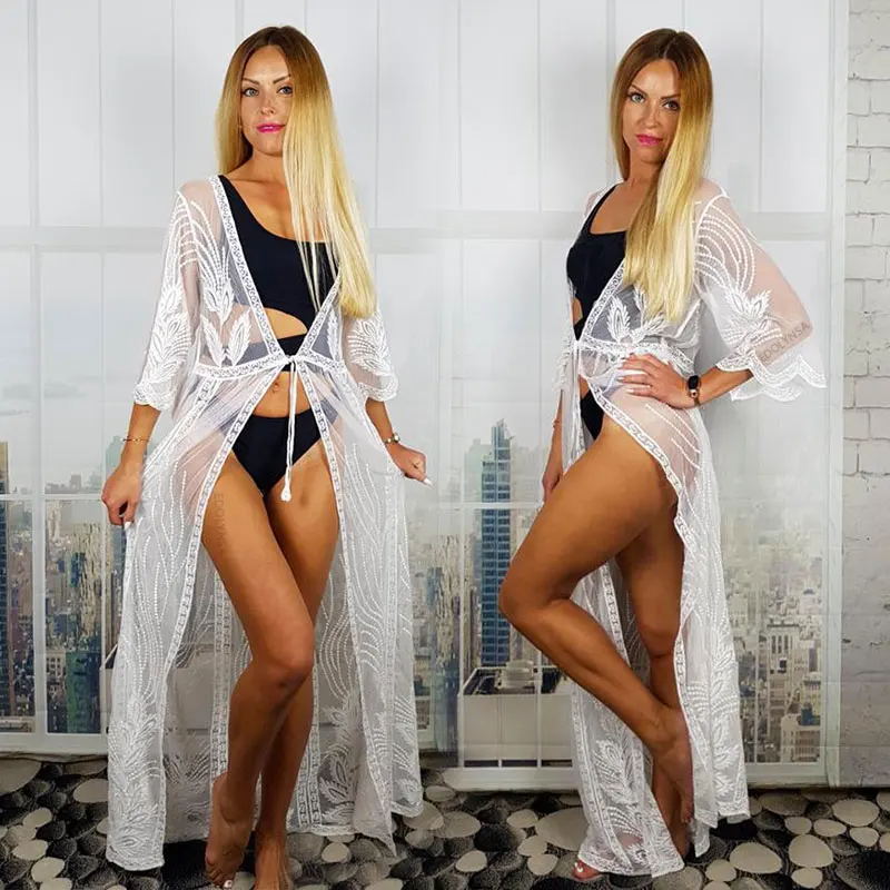 

2021 Transparent White Lace Tunic Beach Cover Up Plus Size Women Beachwear Sexy See Through Bikini Cover-Ups Robe de plage Q859