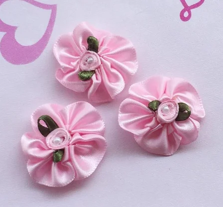PINK 30 шт. атласная лента цветы с бусинами листьев розы свадебные Швейные Аппликации Ремесло - Цвет: PINK