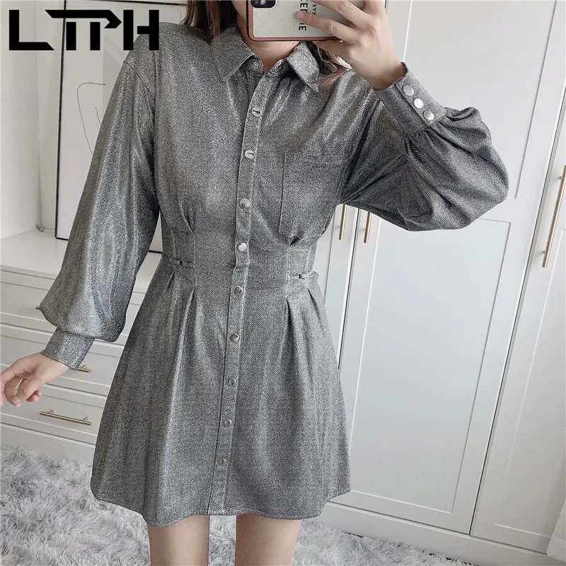 

LTPH shiny silver shirt dress women long sleeve lapel High waist slim sexy Hollow design elegant dresses 2021 Spring Autumn New