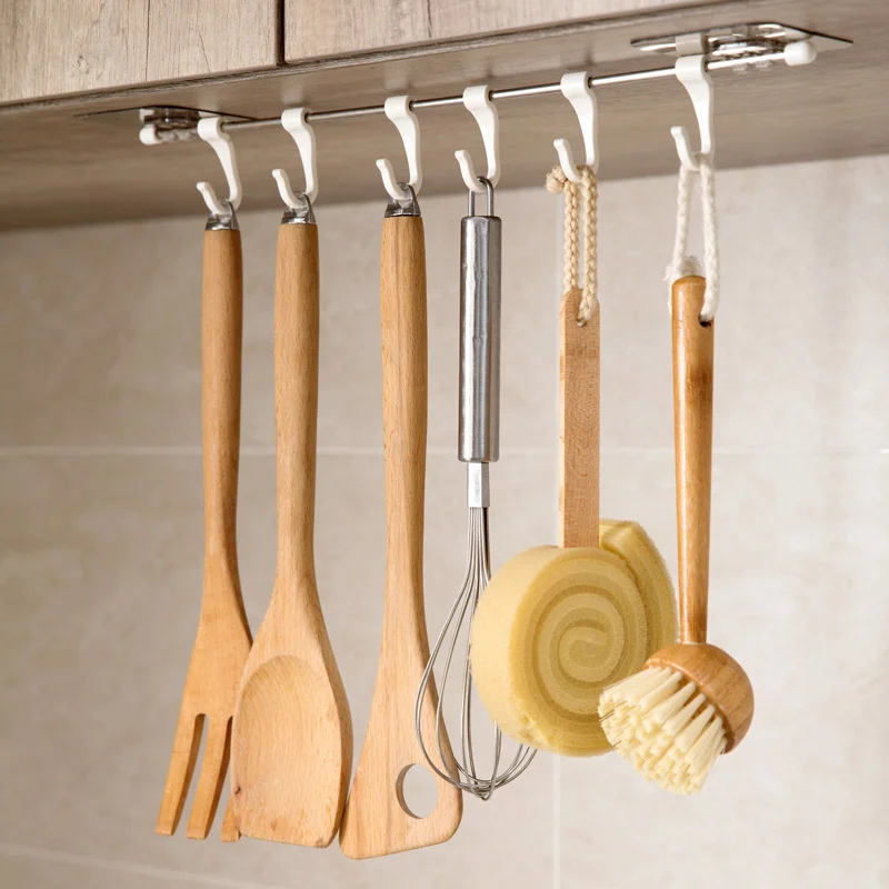 

Kitchen Wall Shelf Rail Pot Pan Utensil Lid Rack Storage Organizer Adhesive 6 Hook Bathroom No Drilling Shower Caddy Towel Brush