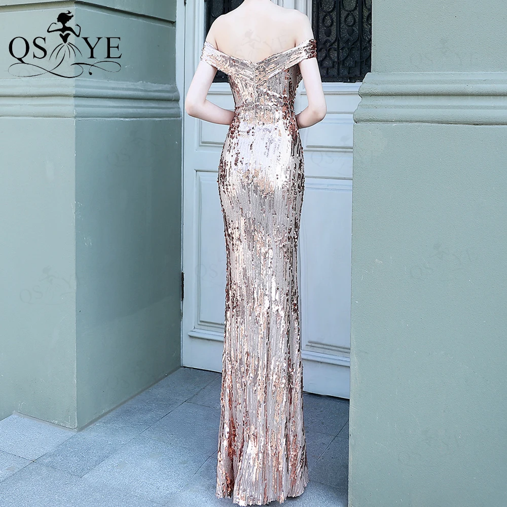 

Gold Sequin Evening Dresses Mermaid Sexy Split Party Dress Off the Shoulder Side Sleeves Formal Dress Long Fit Celebrity Gown