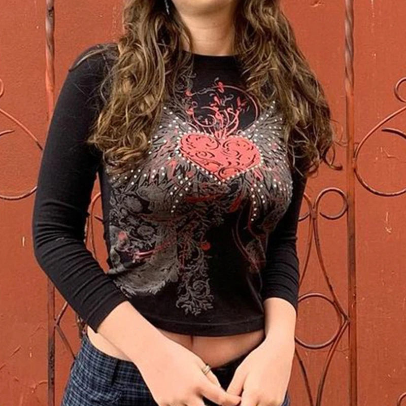 

Y2K 90s Vintage Black Grunge Women Tees Fairy Grunge Rhinestone T-shirt Autumn Harajuku Graphic Print Long Sleeve Crop Top