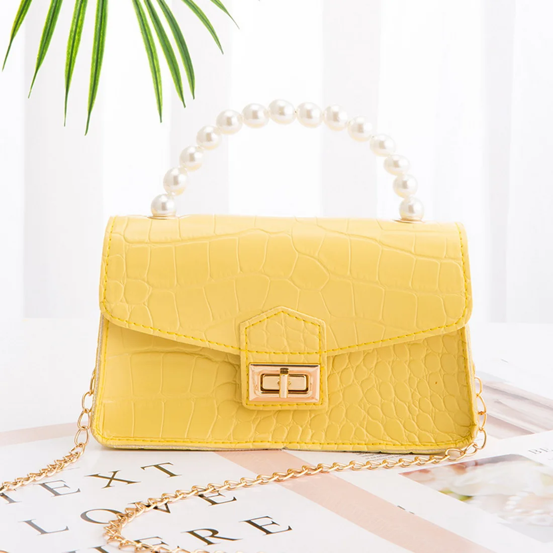 

Women Handbag 2021 New Elegant Shoulder Messenger Portable Chain Bag Crocodile Pattern Bag Pearl Crossbody Small Square Bags
