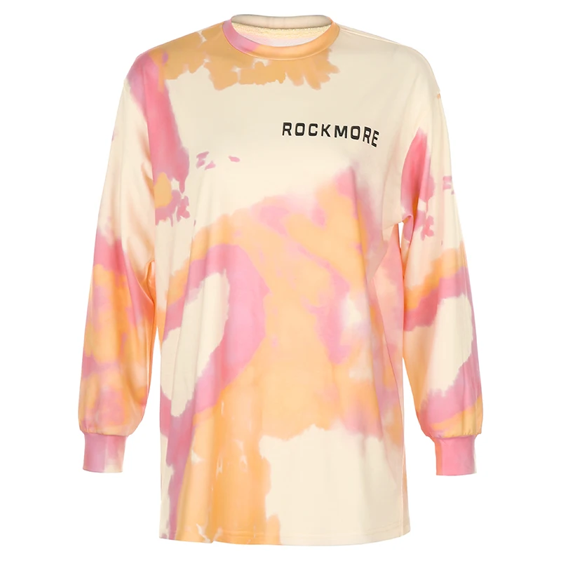 

Women 2021 Tie Dye Print Sweatshirts Split Irregular Y2K Oversized Long Sleeve Harajuku Kawaii Letter Loose Hem Pullovers Tops