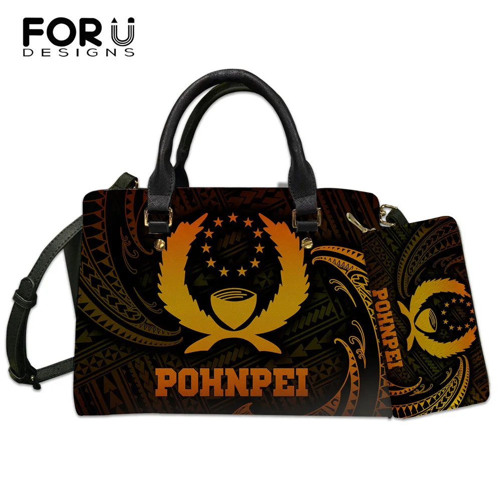 

FORUDESIGNS Vintage Women's Handbag And Purse 2Set Pohnpei And Polynesian Tribe Design Female Clutch Tote Bag Casual Bolsa Femme