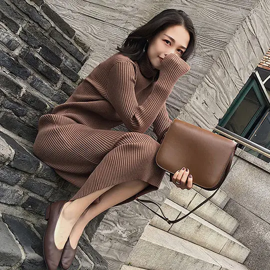 Black Brown Woman Harajuku Knitted Bodycon Sweater Dress Women Winter Maxi Keep Warm Vintage Casual Long Sleeve Korean Fashion