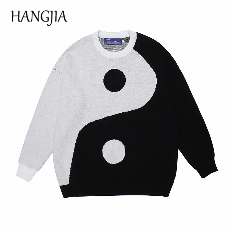 

Autumn Winter Retro Yin Yang Tai Ji Black White Colorblock Sweater Men Retro Chinese Style Knitted Sweater for Women Clothing