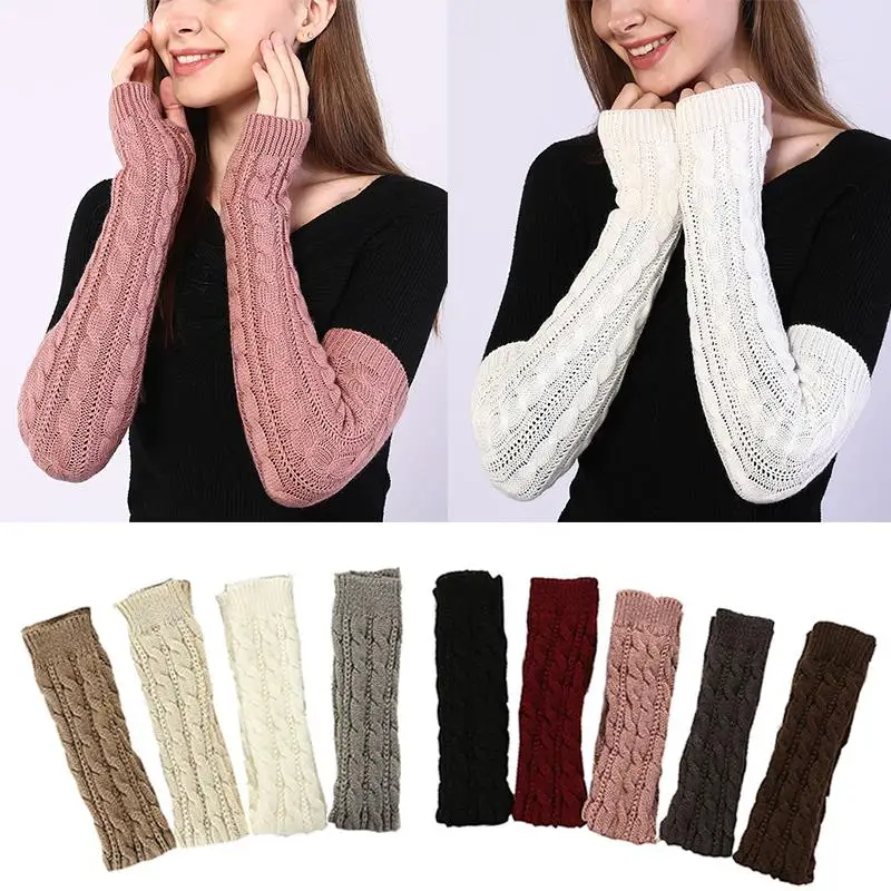 Figure 8 Twist Knitted Arm Sleeve Long Thermal Arm Sleeve Stretch Knit Fingerless Mittens Solid Color Classic Woolen Guard Arm images - 6