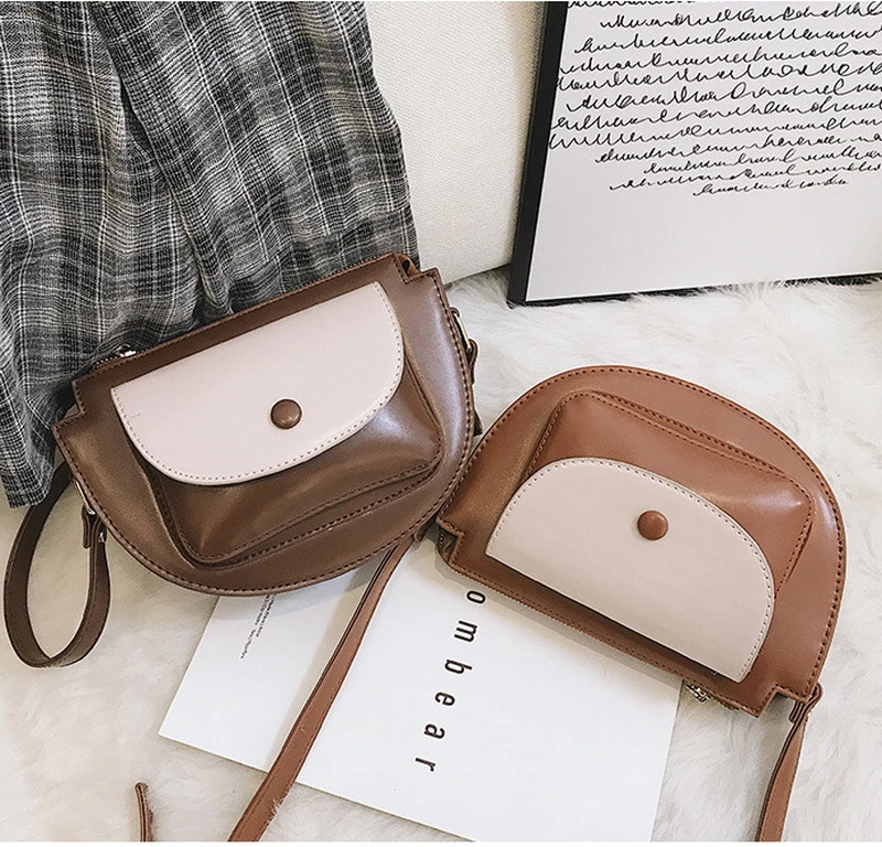 Mododiino Patchwork Saddle Bag Ladies Bag Contrast Color Shoulder Bag Simple Half Moon Women Bag Leather Crossbody Bag DNV1271