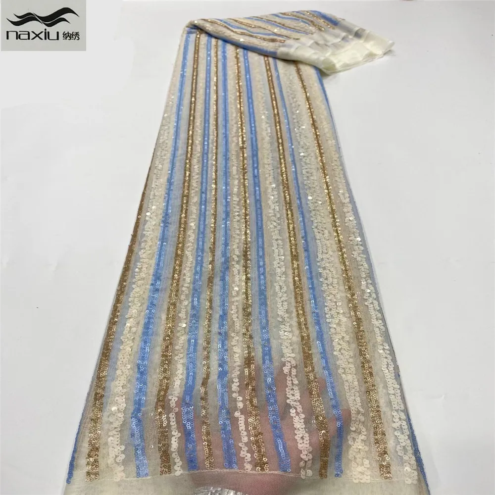 

Madison High Quality African Lace Fabric With Sequins Tissu Indian Wedding Dress Fabric French beads Mesh Tulle Lace Material