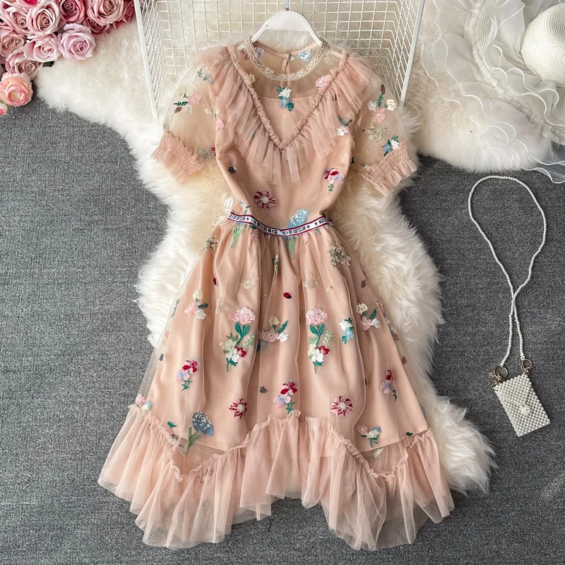 

Summer Runway Fairy Sweet Flower Ruffles See Through Irregular Mesh Ball Gown Dress Girls Embroidered Flower Dresses 6715