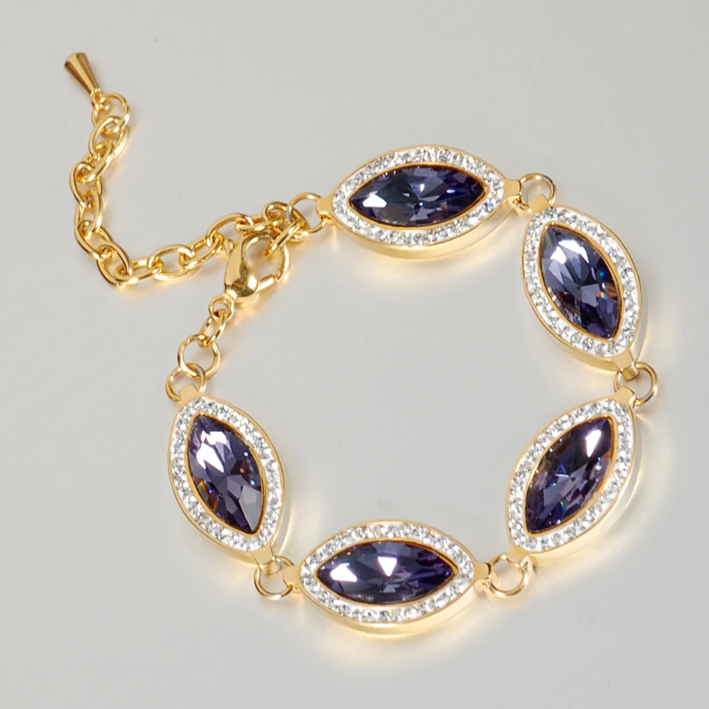 

Wollet Jewelry Stainless Steel Bracelet For Women Rose Gold or Gold Plated Statement Purple Crystal