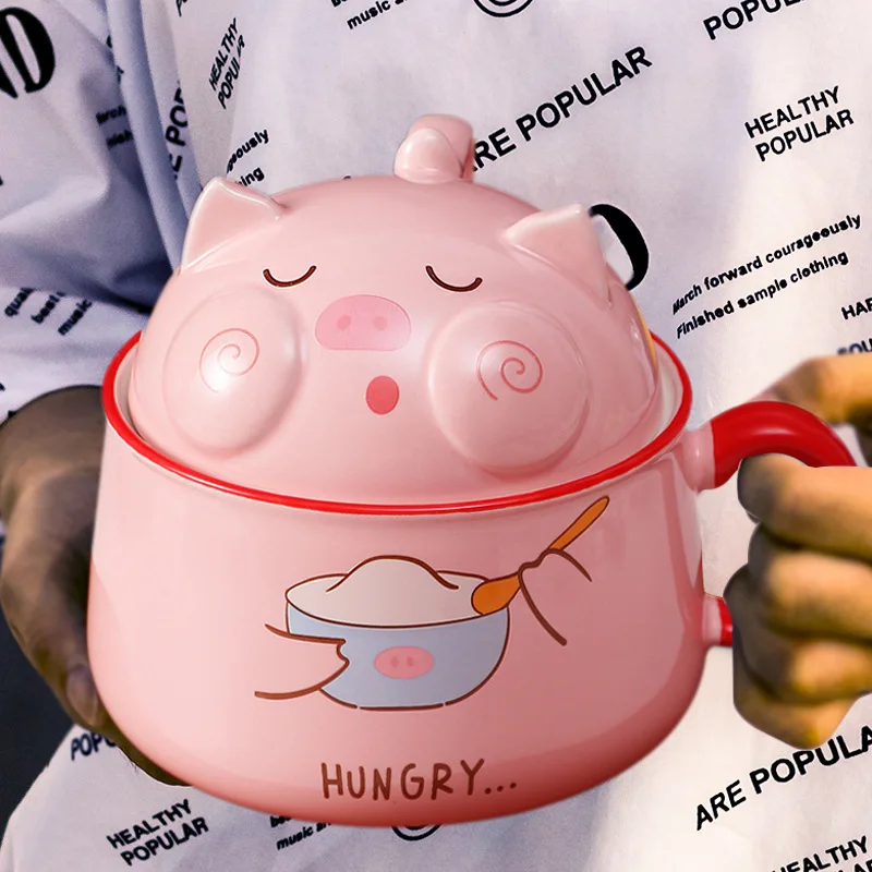 

Kawaii Pig Ramen Ceramic Bowl With Chopsticks Lid Spoon Cute Salad Fruit Instant Noodle Rice Soup Large Kitchen Bowl Tableware