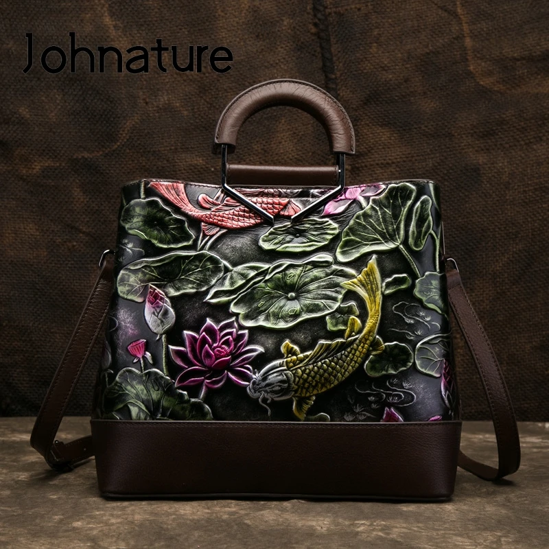 Женская сумка ручной работы Johnature из натуральной воловьей кожи с тиснением