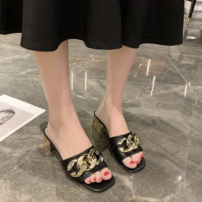 

Loafers Shoes Low Womens Slippers Outdoor Square Toe Heeled Mules Slides Pantofle Fashion Summer High 2021 Luxury Basic Fabric P
