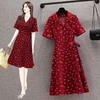 ehqaxin women red romantic holiday dress summer v neck short sleeve lace up waist retro print warp long shirt dresses