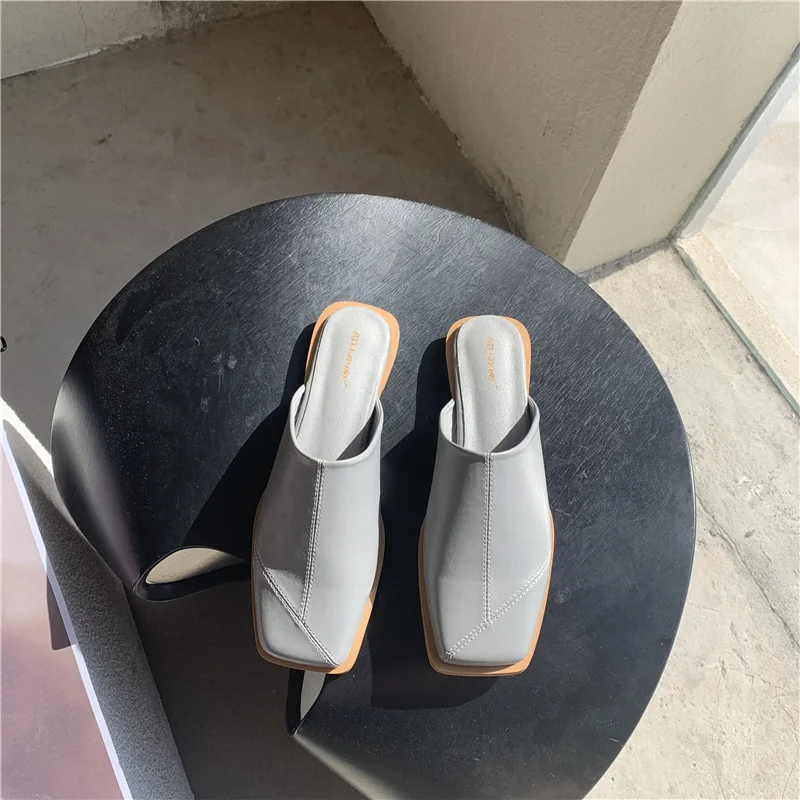 

Low Slippers Casual Shoes Loafers Slipers Women Slides Cover Toe Luxury 2021 Rubber Basic Hoof Heels Sewing Fabric PU Cover Toe