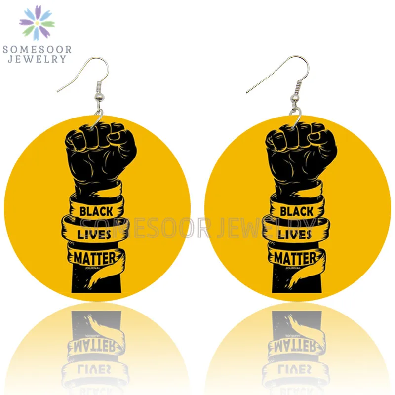 

SOMESOOR Black Live Matters Resists Design Wooden Drop Earrings Powerful Fist Strong Sayings Printed Dope Loops For Women Gifts