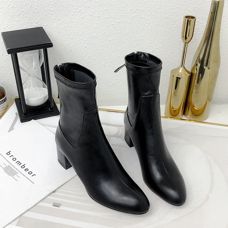 2021 Women Boots Flock Ankle Round Toe Winter Ladies Party Western Stretch Fabric Big Size 33-43 | Обувь