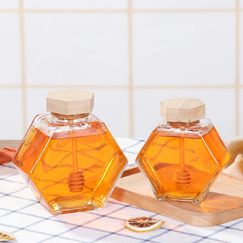 

220ML/380ML Glass Honey Jar Hexagonal Honey Bottle Container Pot With Wooden Honey Stick Spoon Honey Packaging Bottle