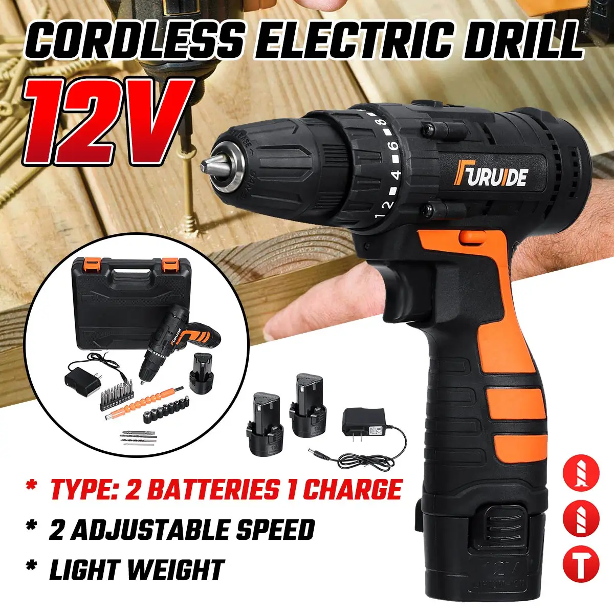 

12V 2 Speed Electric Cordless Drill Driver Power Tool with Bits Set 2PCS 3900mAh Lithium Ion Batteries Multifunction Screwdriver