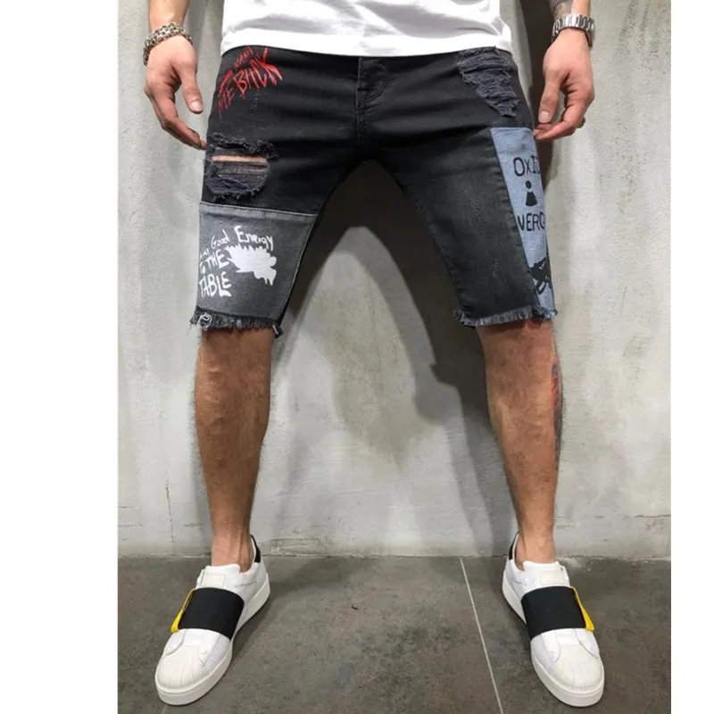 

QW Men Broken Hole Cowboy Shorts Stretchy Ripped Skinny Embroidery Print Casual Jeans Pure Color Cartoon Slim Blue Denim Short