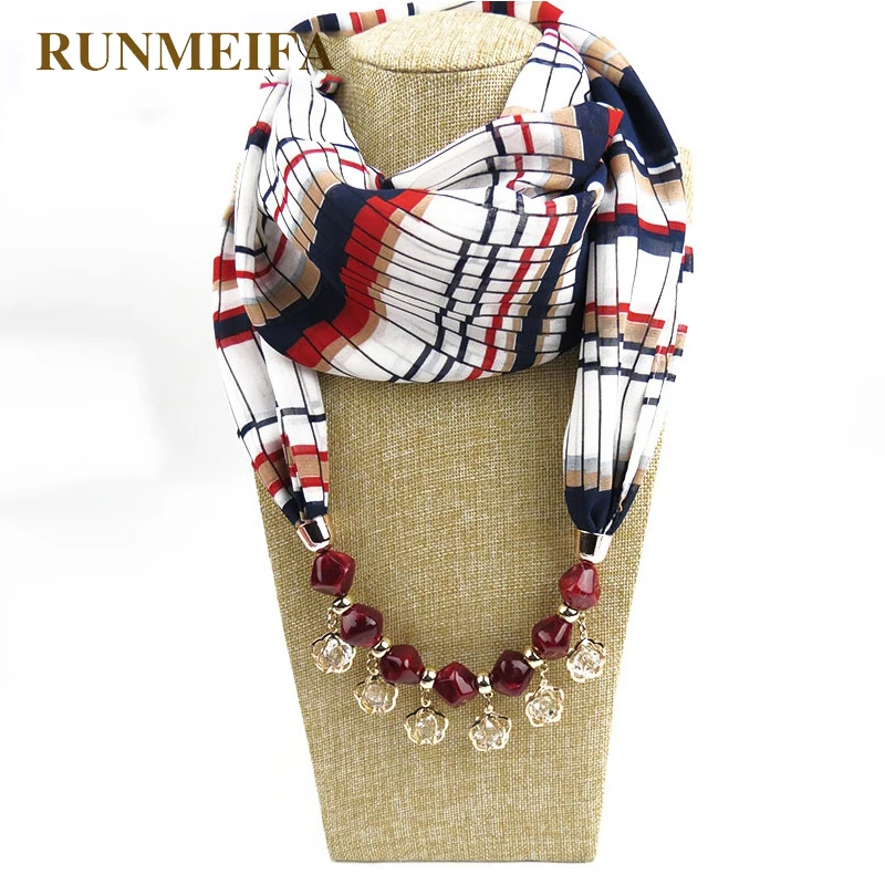 

RUNMEIFA New Pendant Scarf Necklace Bohemia Necklaces For Women Chiffon Scarves Pendant Jewelry Wrap Foulard Female Accessories