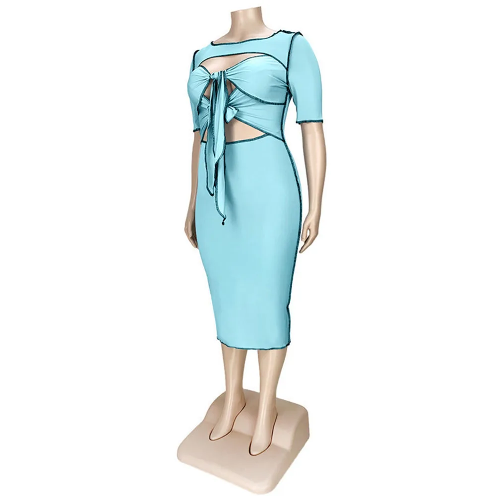 

Summer New Style Western Style Oversize African Fashion Casual Mid-length Solid Color Hollow Out Bandage Women's Dress Summer