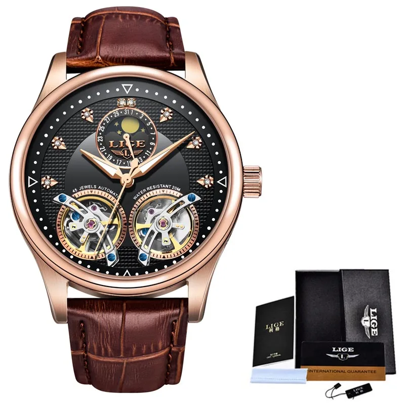 

LIGE New Men Watches Luxury Leather Double Tourbillon Mechanical Watch Men Fashion Business Automatic Waterproof Watch10013+Box