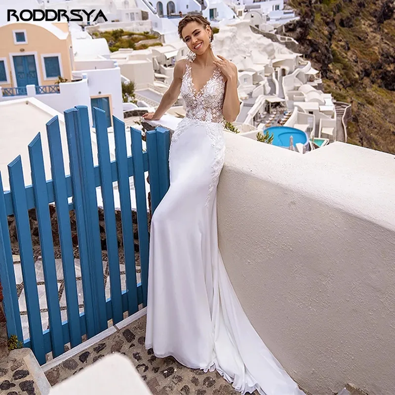 

RODDRSYA сексуальное свадебное платье с V-образным вырезом в стиле бохо без рукавов Кружевное Свадебное платье с аппликацией Русалка Свадебные платья 2021 с открытой спиной vestido de noiva