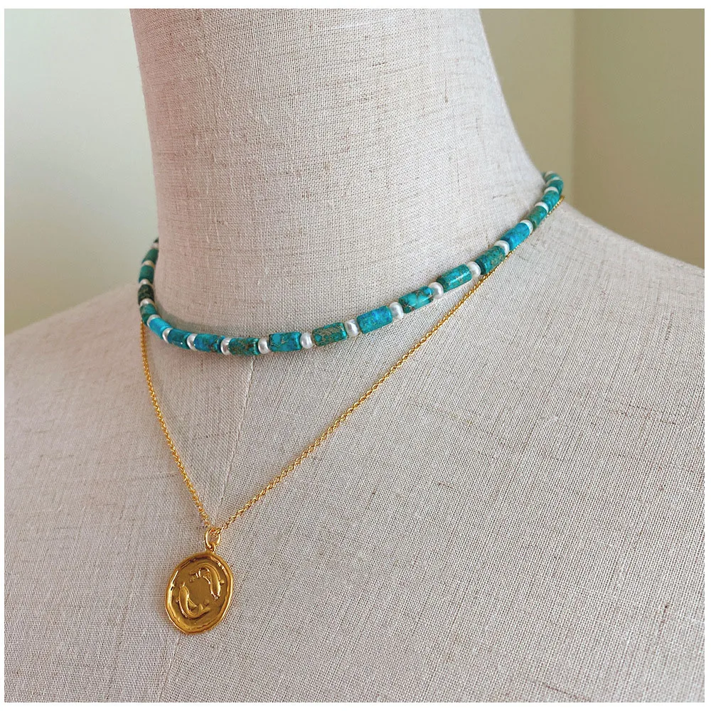 

Women gemstone necklace with disc pendant natural stone Lazuline choker jewelry