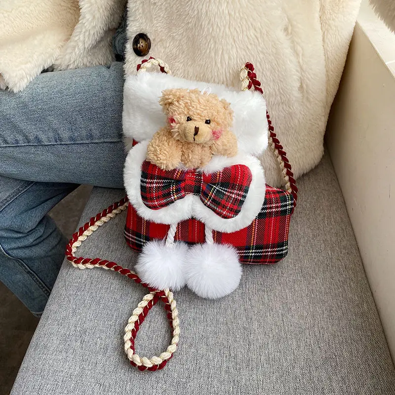 

Vintage Plaid Women Soft Plush Crossbody Bag Lovely Girls Christmas Small Shoulder Bags Furry Bear Ladies Purse Handbags Tote