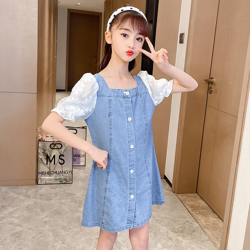 

Girls Denim Dress Patchwork Dress For Kids 2021 Baby Girl Denim Splicing Dress Splicing Kids Casual Clothes Dress