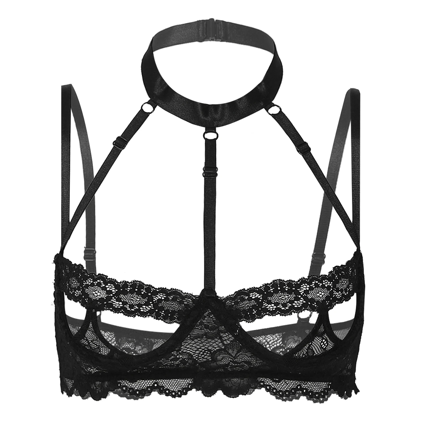 

Sexy Bras for Women Hollow Out Unlined Underwired Sexy Half Cup Bra Top Halter Strappy Sheer Lace Brassiere Lingerie Underwear
