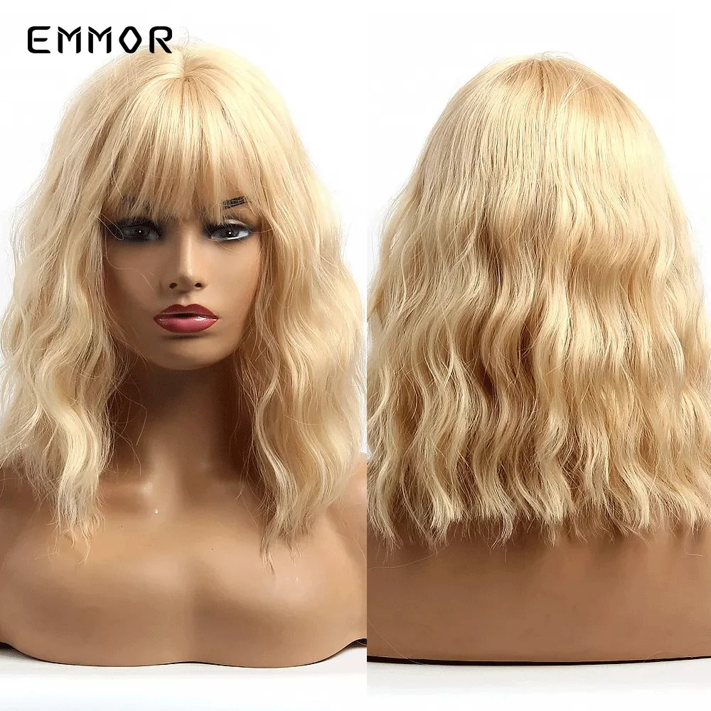 

EMMOR Natural Short Blonde Water Wave Hair Wig with Bangs for Women Synthetic Heat Resistant Bob Wigs Daily Cosplay Party Wigs