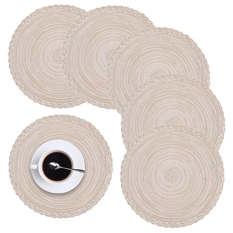 

6Pcs Placemats for Dining Table, 14 Inch Braided Round Table Mats, Heat-Resistant Anti-Skid Cotton Place Mats