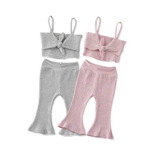 

1-6Y Toddler Baby Girls Sleeveless Striped Vest Tops+Bowknot Flared Long Pants Outfits Clothes Two Piece Set