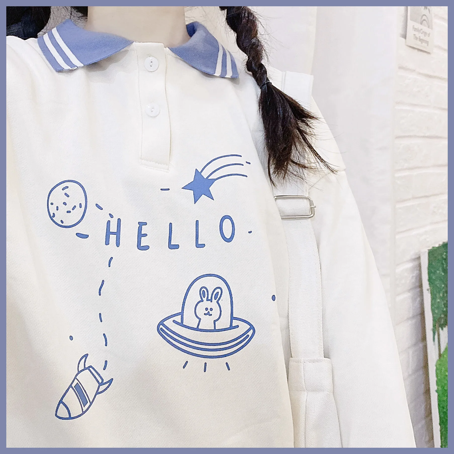 

Aesthetic Rabbit Anime T-shirt Women Korean Kawaii Spring Autumn Long Sleeve Turn Down Collar Plus Oversize Clothes Top