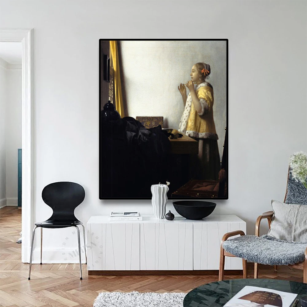 

Cassisy Canvas Art Oil Painting《 Woman with a pearl necklace》Johannes·Vermeer Poster Picture Wall Decor Modern Home Decoration