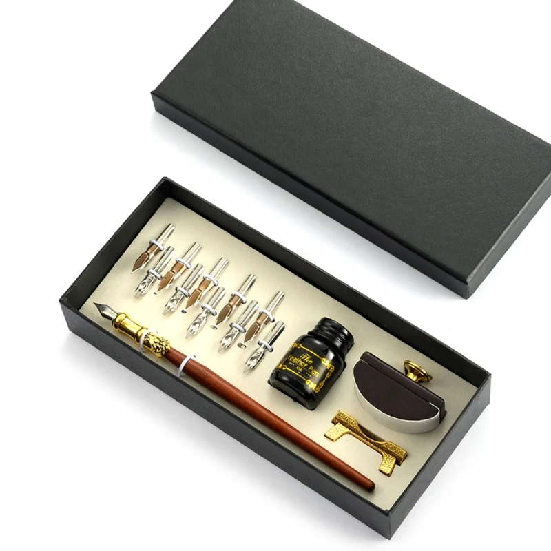 

Vintage Dip Pen Fountain Writing Ink 10 Nibs Ink Blotter Gift Box Calligraphy Stationery School Supplies