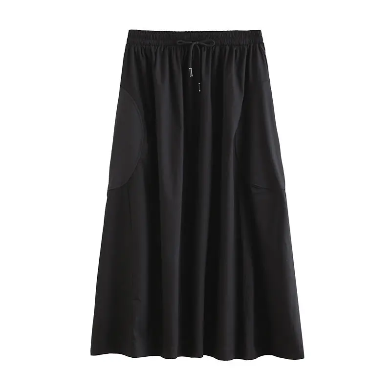 

XITAO Solid Black Big Pocket Shirt Draw String Elastic Waist Summer New Loose Fashion Trendy Temperament All-match WMD0971