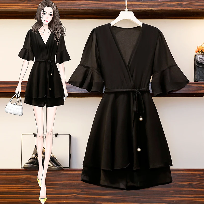 

EHQAXIN Summer Ladies Shorts Set V-Neck Chiffon Lace-Up Top + Zipper Chiffon Button Short Style Two-Piece Fashion Set L-4XL