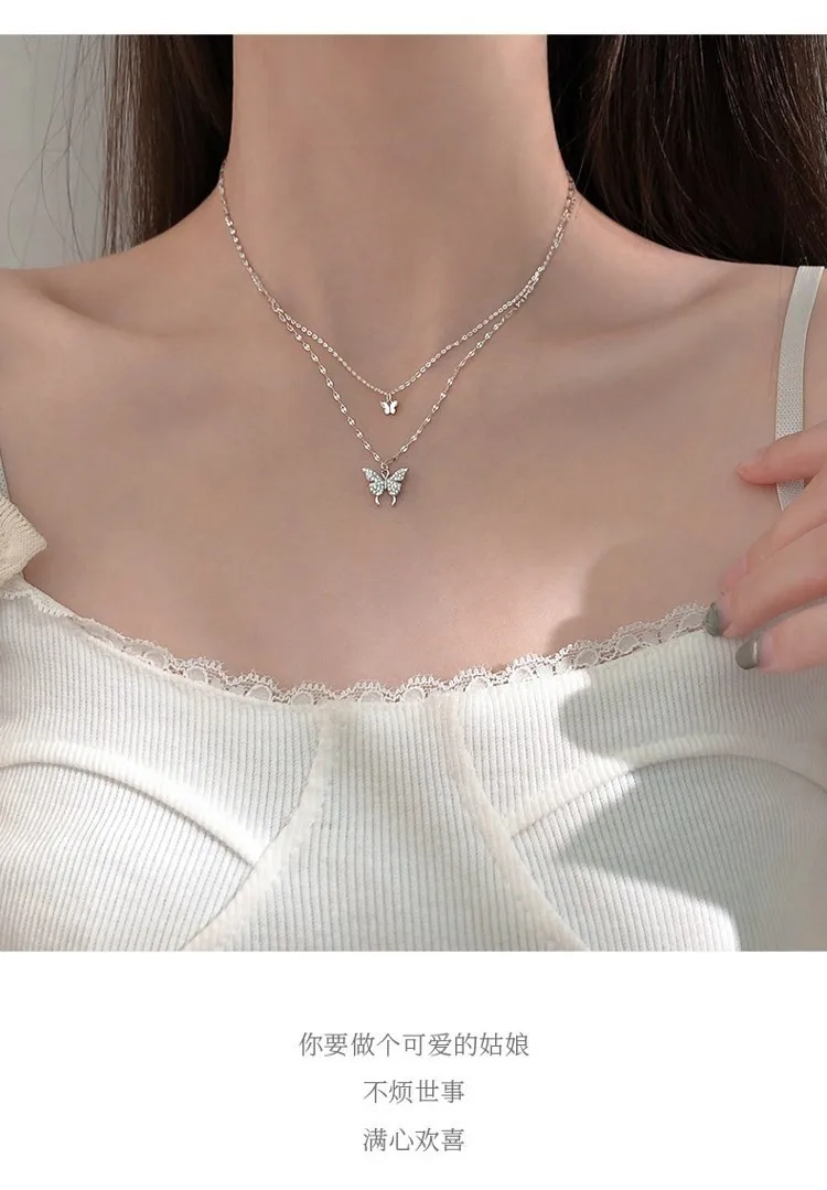 

925 sterling silver jewelry with bohimia butterfly double layered clavicle chains jewelry 2021 for female birthday wholesale