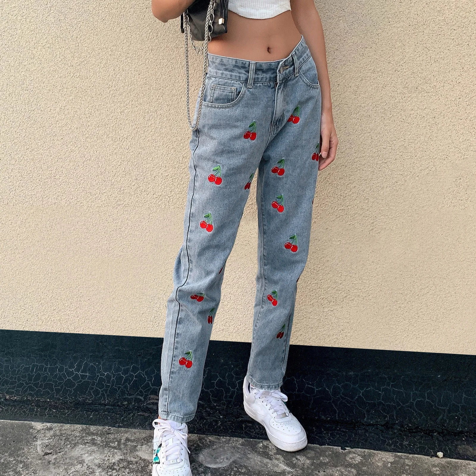 

Fashion Summer Vintage Jeans Woman Long Trousers EA Cowboy Female Loose Streetwear Cherry Print Pants Casual Demin Jeand
