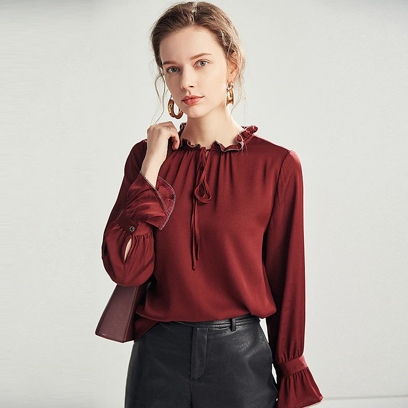 100% Silk Women Casual Style Lace up Solid Flare Sleeve Ruffled Neck Blouse Shirt Simple Design Chiffon Ruffle Blouse Women