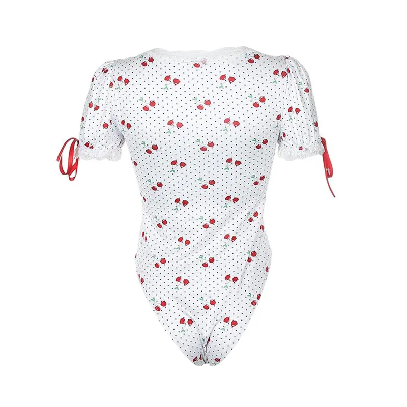 Women Summer Bodysuit Tops, Cherry Dot Print O-Neck Short Sleeves High Waist Playsuit with Crotch Button for Girls