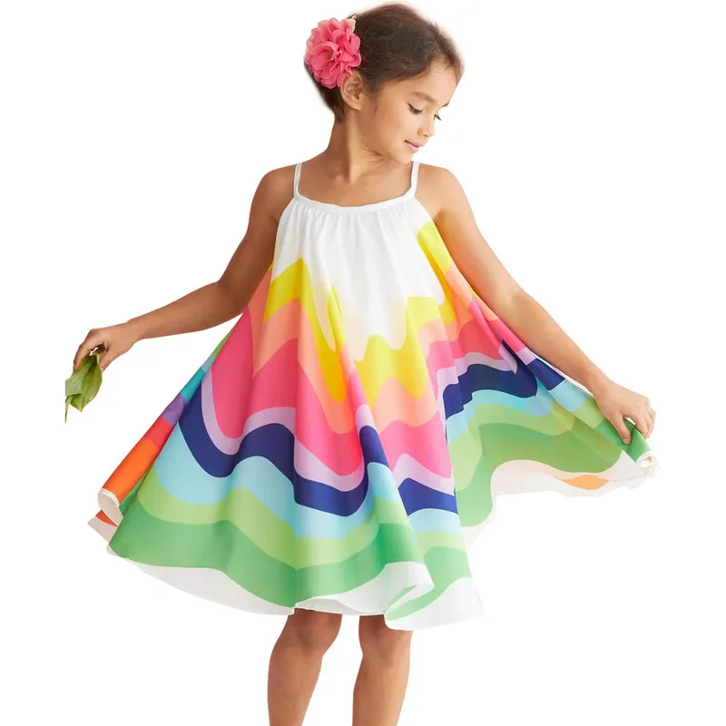 1-7 Years Girls Summer Dresses Clothing Kids Cotton Sleeveless Dress 2019 Rainbow Printed Princess Children Sling Outfits | Детская