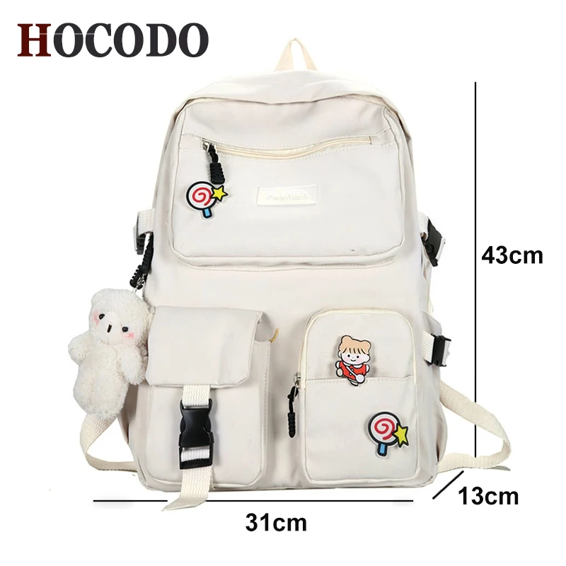 

HOCODO Kawaii Women Backpack College Student School Bag Cute Badge Multiple Pocket Nylon Backpack Female Fashion Travel Bag Book