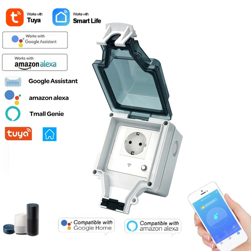 

tuya Waterproof IP66 Wifi Smart Power Socket Outdoor IL/EU/UK/US/DE Plugs APP/Vocie Remote Control with Alexa Google Home